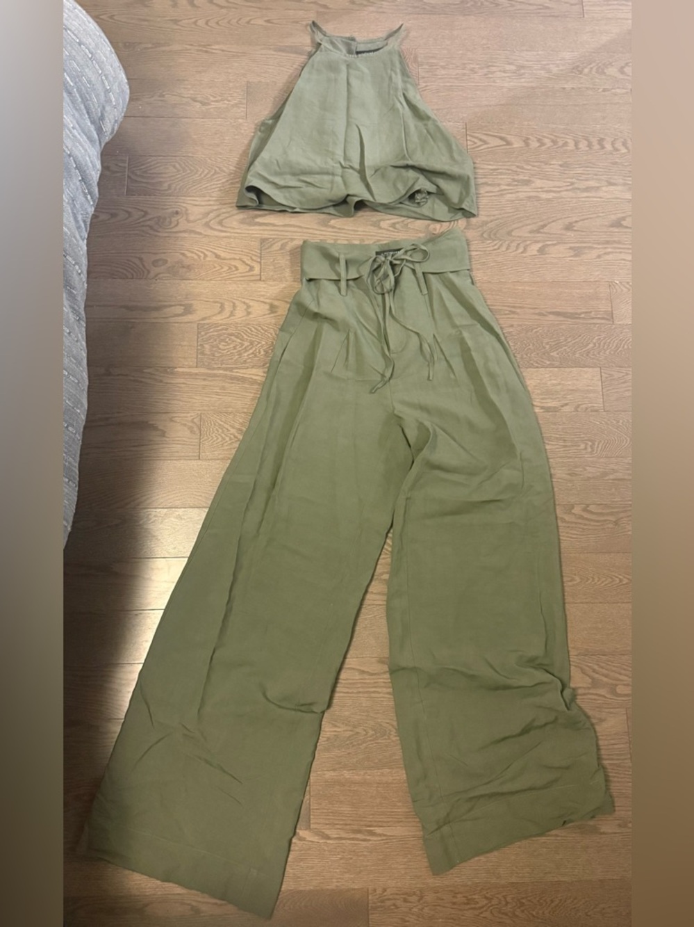 INTERMIX Olive High-Waist Wide-Leg Pants with Halter Top